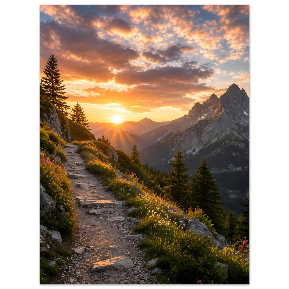 Poster im Hochformat mit Sonnenuntergang über Bergen, Wanderweg und Tannen