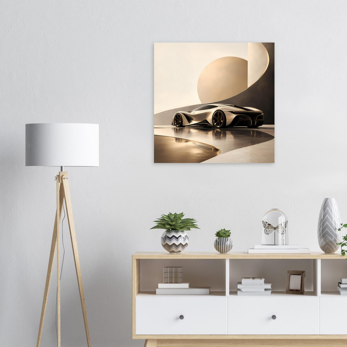 Quadratisches Autoposter mit schwarzem Sportwagen und goldenen Lichtreflexen