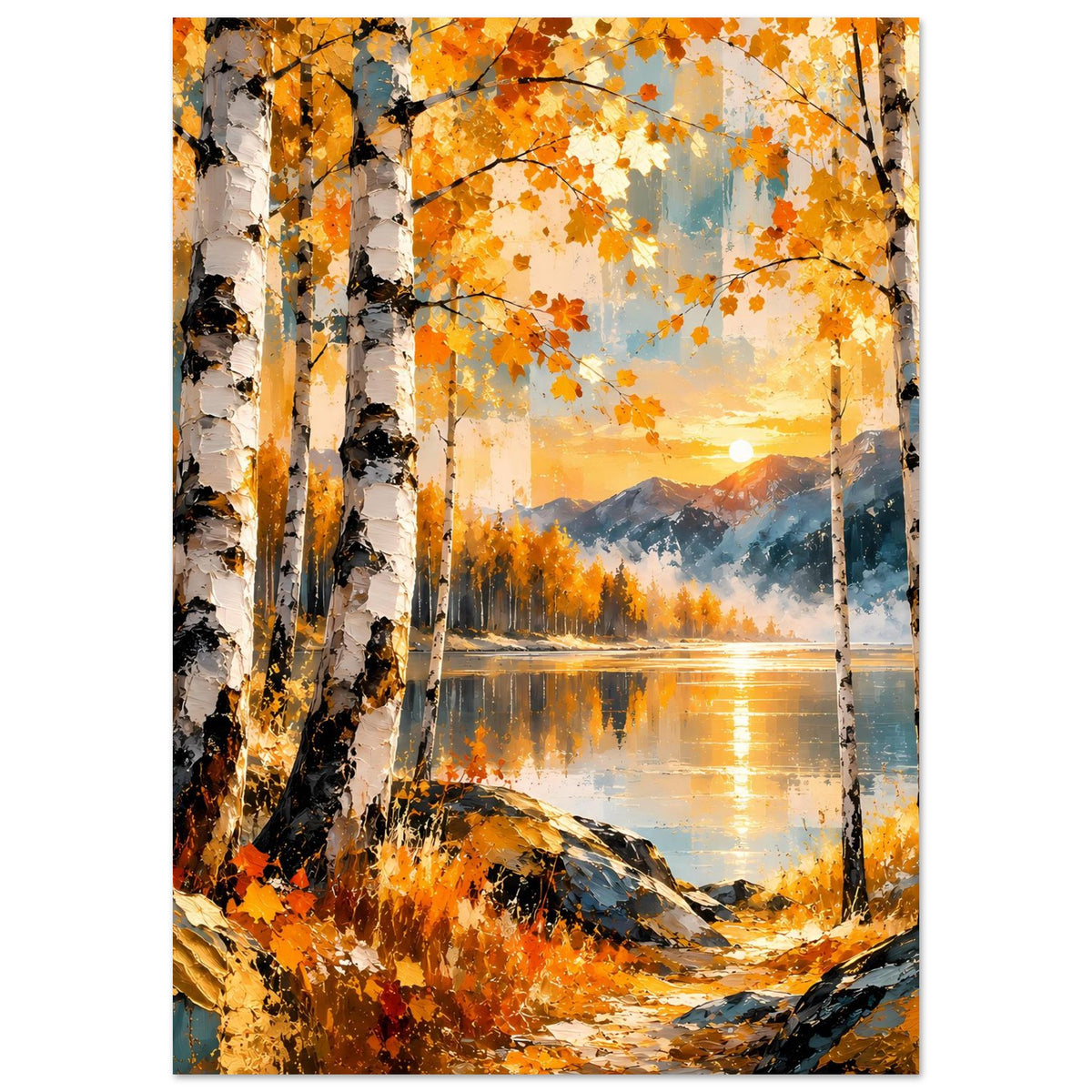 Herbstposter mit Birkenstämmen, leuchtendem Herbstlaub und goldenem Licht über dem See