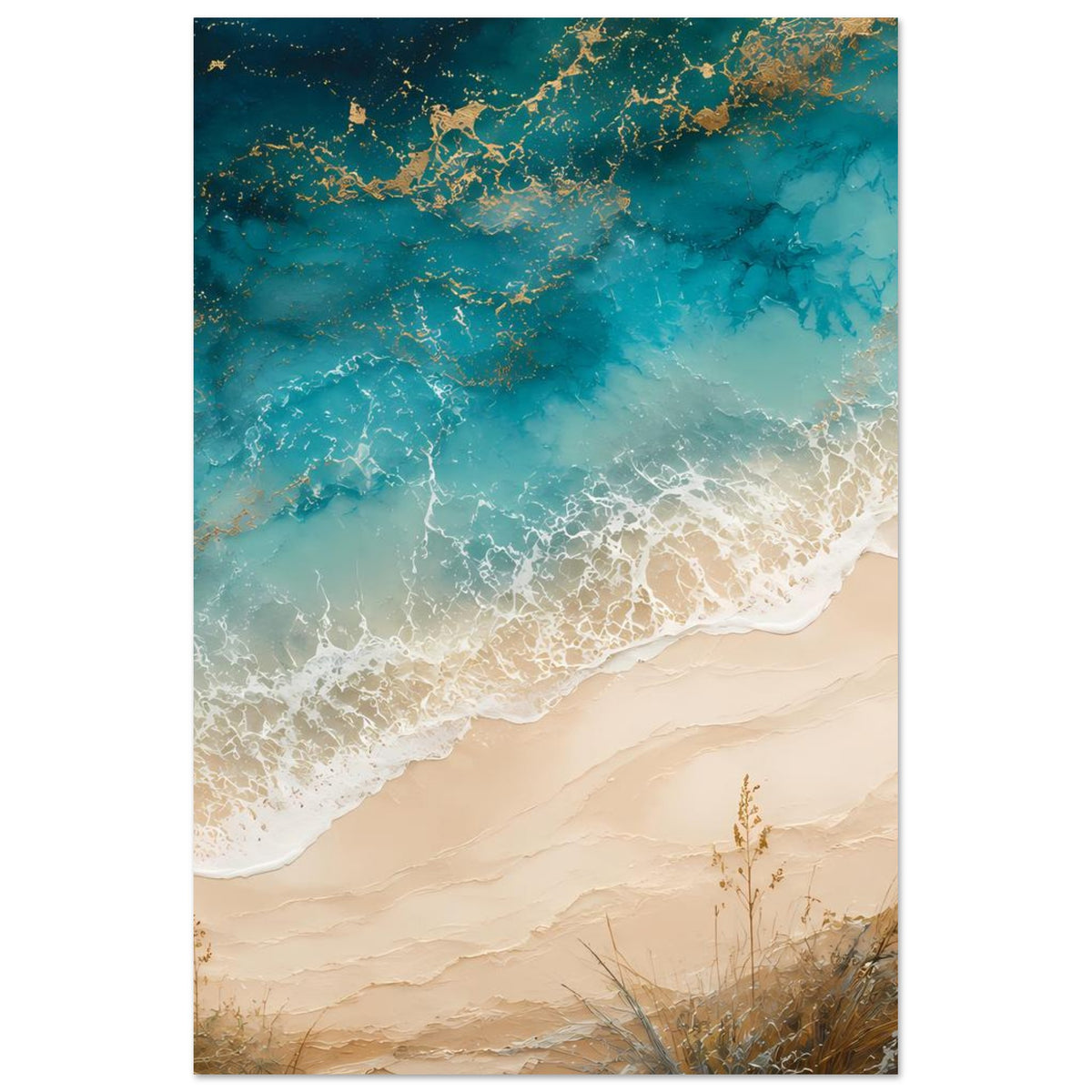 Küstenposter: türkisblaues Meer, weißer Wellenschaum, beige Sand und Halme unten.