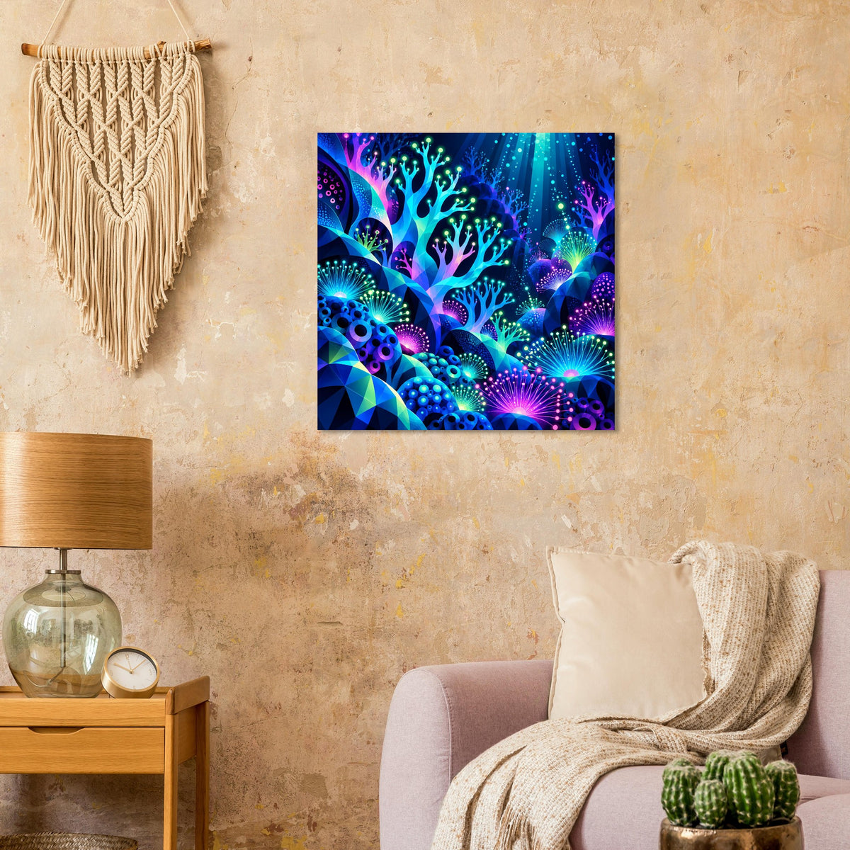 Quadratisches Unterwasser-Poster in leuchtendem Blau, Violett und Pink mit Korallen