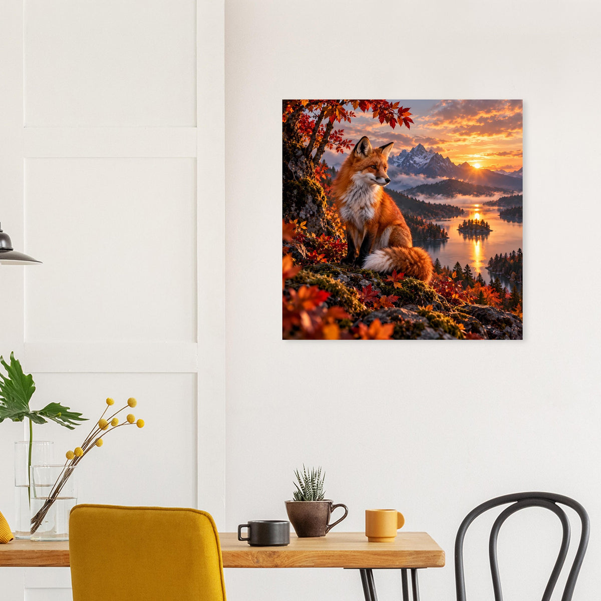 Quadratisches Poster mit Fuchs im Herbstwald, Spiegelung am Wasser bei Sonnenuntergang