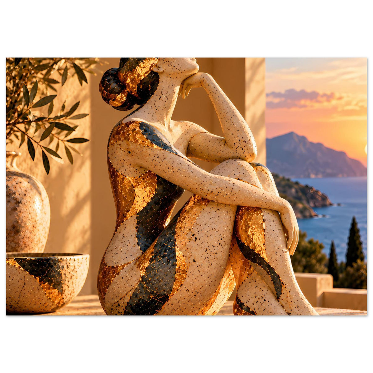 Poster mit sitzender Frauenskulptur, goldbraune Akzente und Meer im Hintergrund