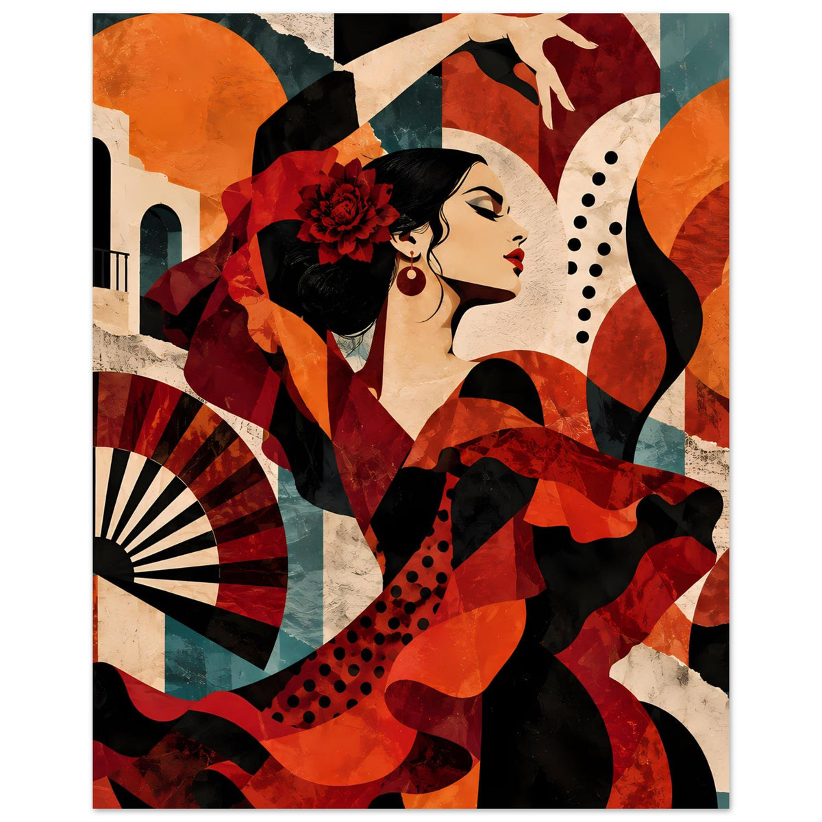 Flamenco-Tanzposter mit Tänzerin im Profil und roter Blume im Haar, rot-schwarze Akzente