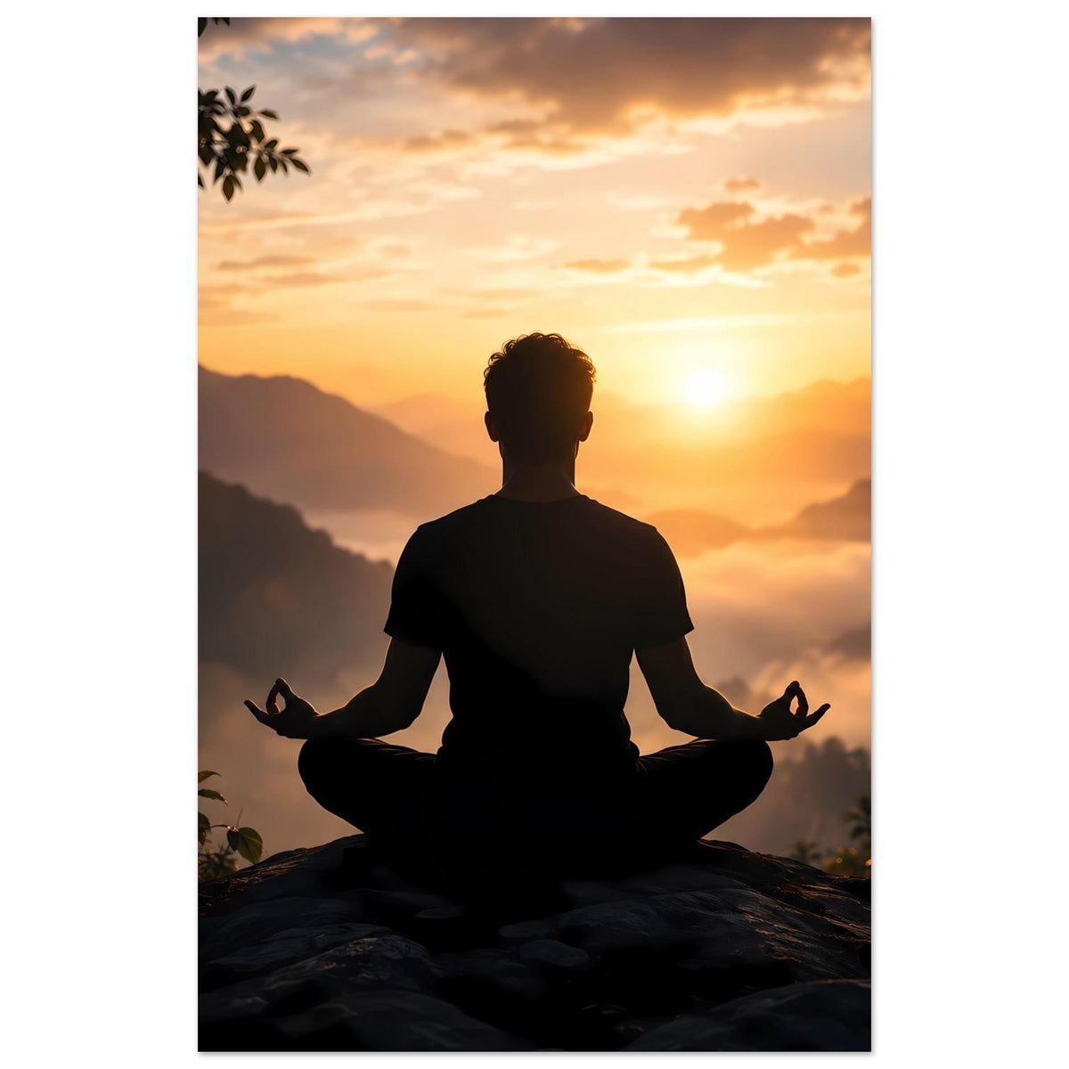 Poster mit meditativer Silhouette im Sitzen, Sonne über nebligen Bergen