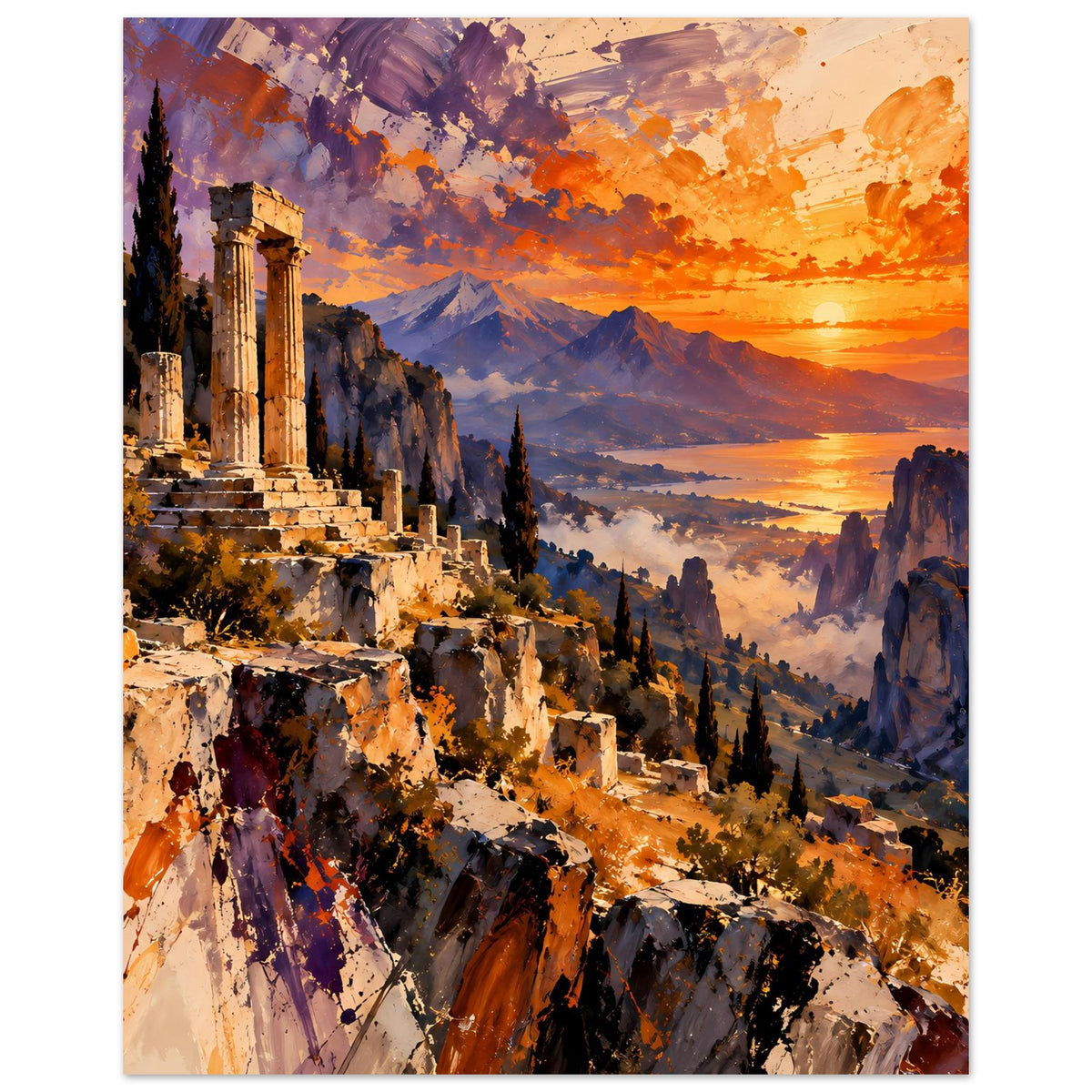 Vertikales mattes Poster mit antiken Säulen und Talblick im Sonnenuntergang