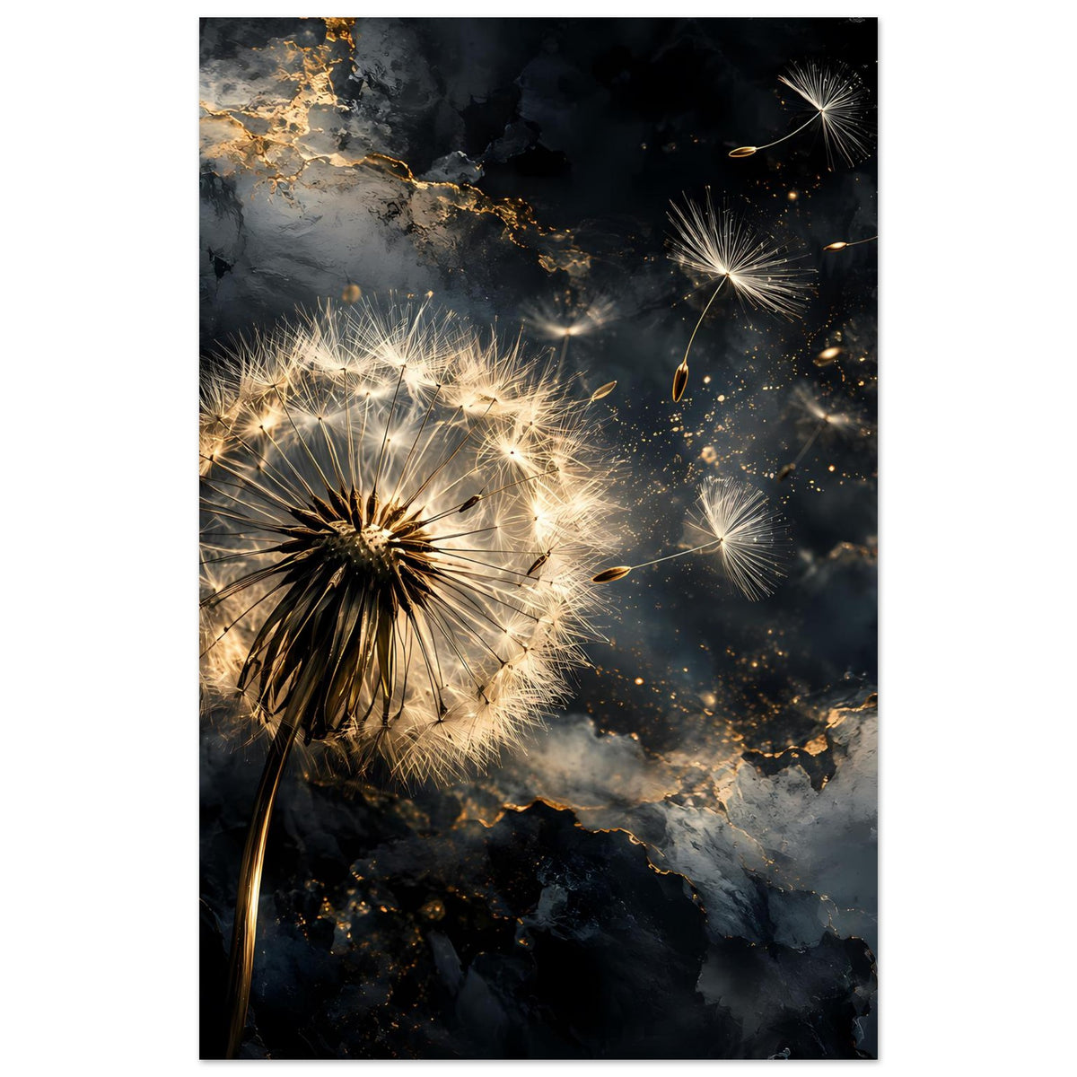 Mattes Poster mit goldener Pusteblume und Sternfunken, Hochformat
