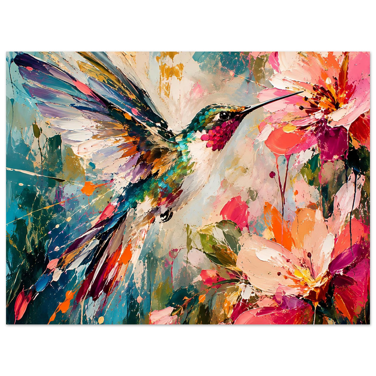 Kunstdruck-Poster im Querformat mit Kolibri und Blüten, lebendige Pinseloptik