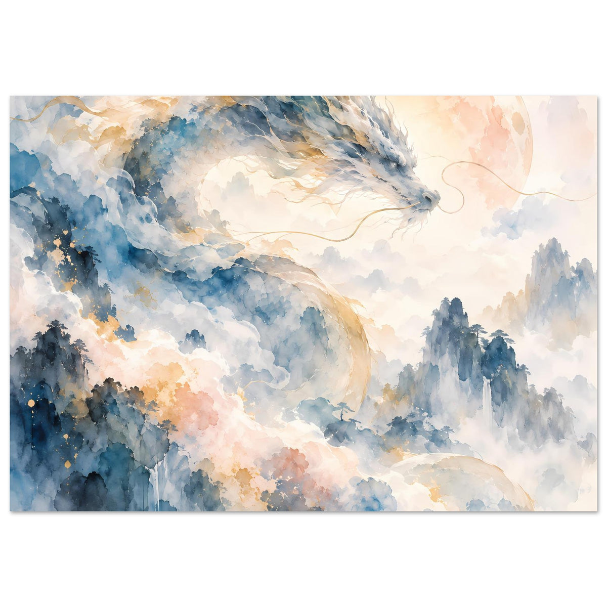Fantasie-Aquarellposter mit blauem Drachen über nebligen Bergen, querformat