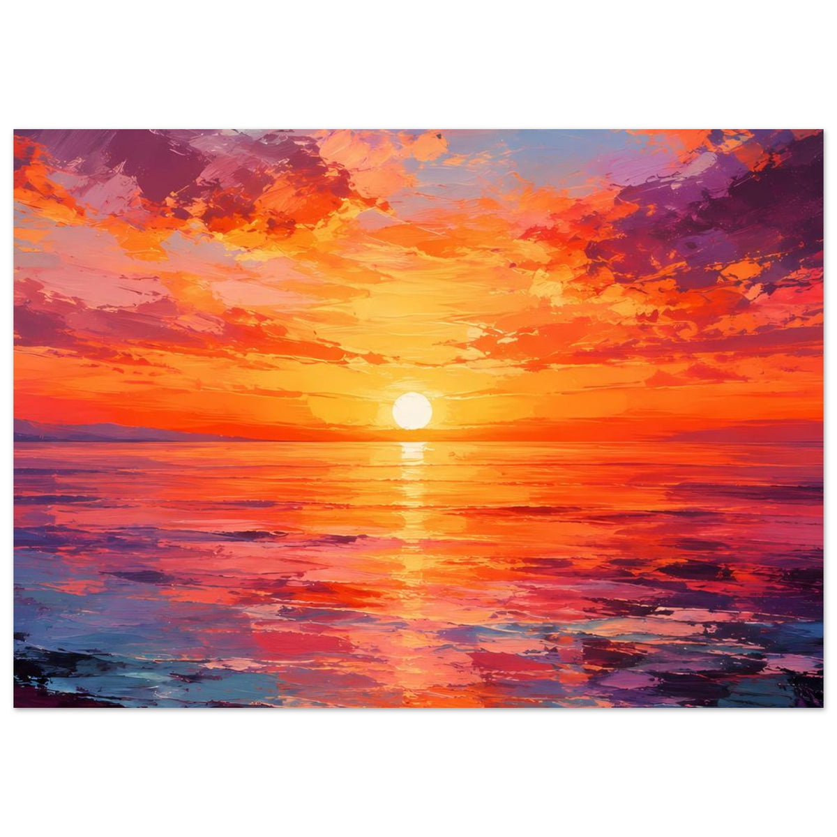 Quadratisches Poster mit Sonnenuntergang über dem Meer in kräftigem Orange und Violett