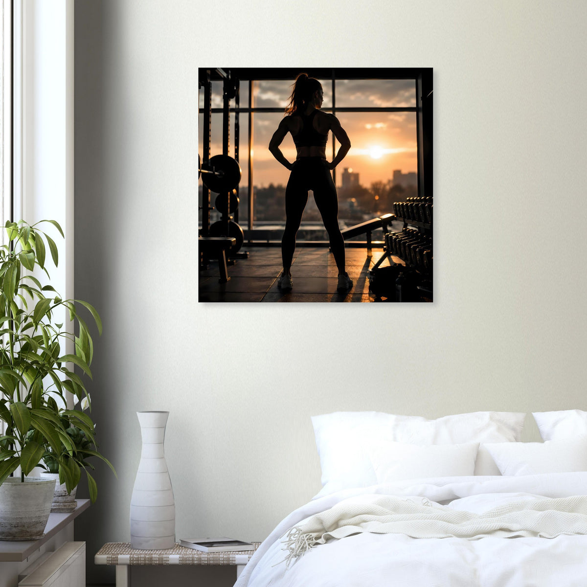 Wandposter mit schwarzem Rahmen: Silhouette einer Sportlerin vor Sonnenuntergangs-Himmel