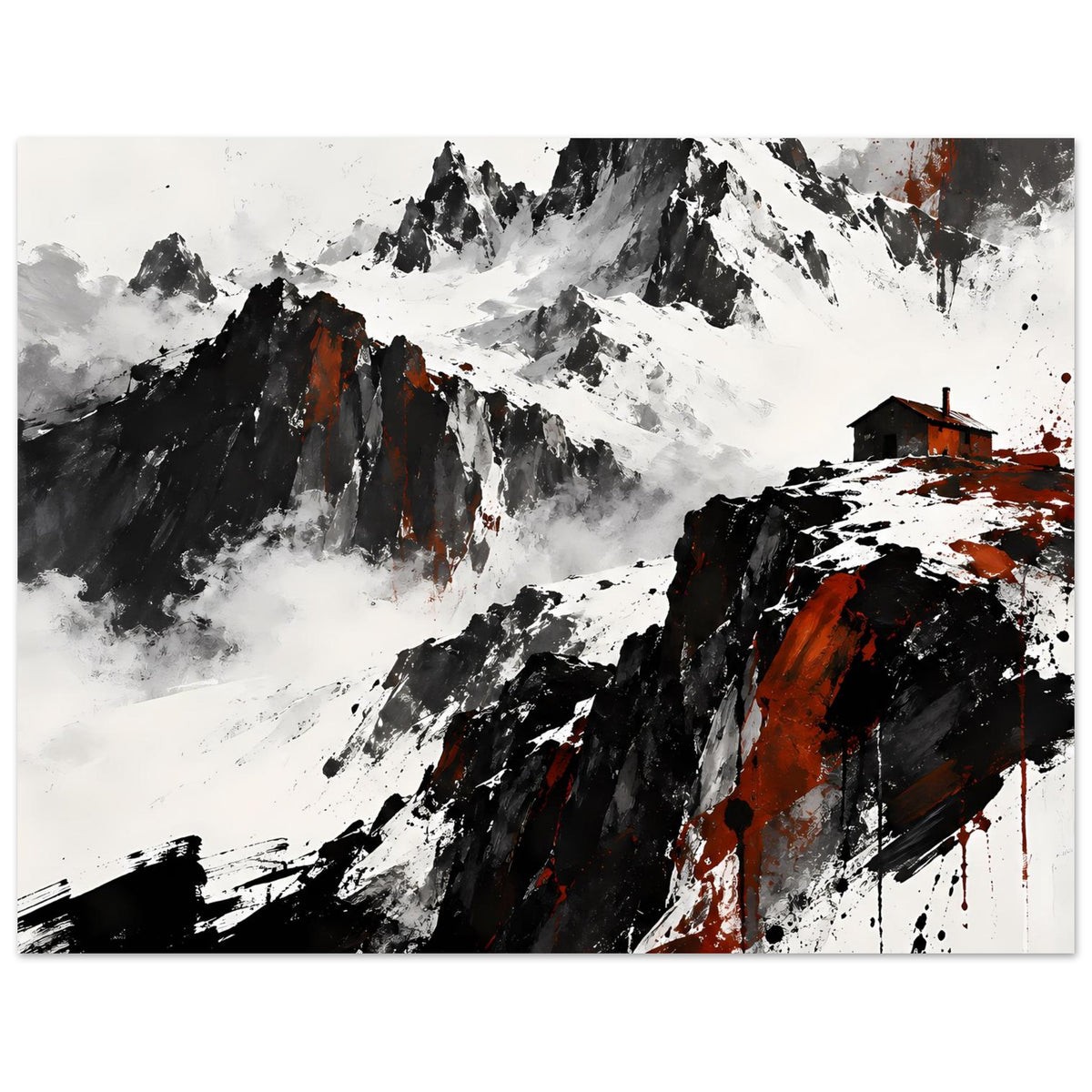Wandposter mit Gebirgslandschaft, schwarze Pinselgrafik und orangefarbene Sprüh-Details