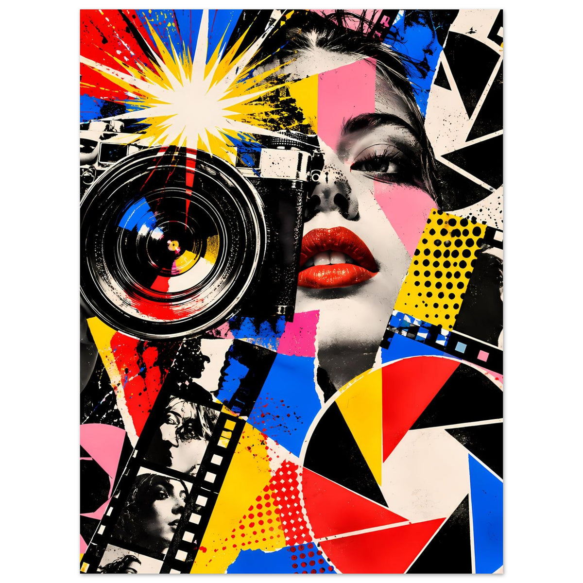 Pop-Art-Fotoposter, Frauengesicht und Kameraobjektiv mit bunten Farbflächen und Mustern