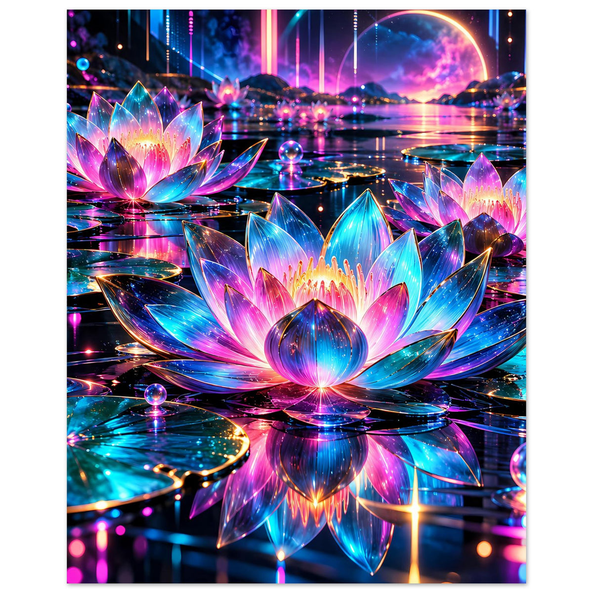 Poster mit leuchtendem Lotus-Motiv, vertikale Ansicht, Neonblüten in Blau-Pink mit Wasserreflexion