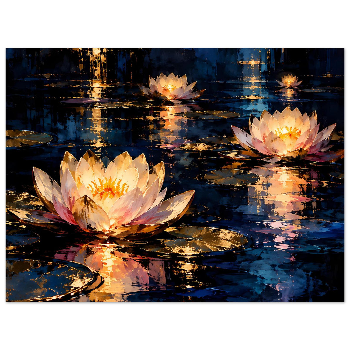 Blumenposter mit drei Seerosen und spiegelnder Lichtfläche auf dunklem Wasser, goldfarben