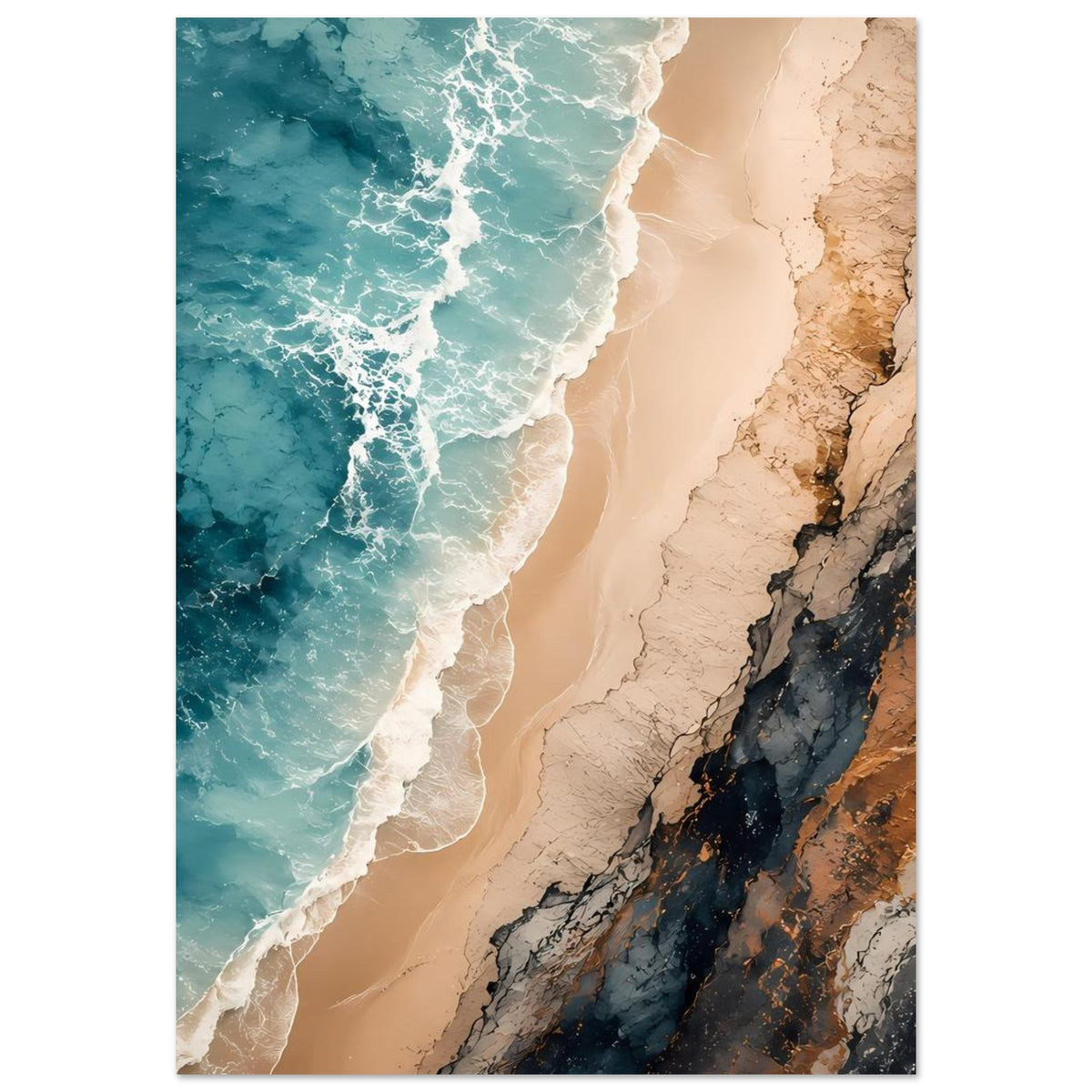 Poster im Hochformat mit Meereslinie, türkisblauer Wellenkappe und Strand