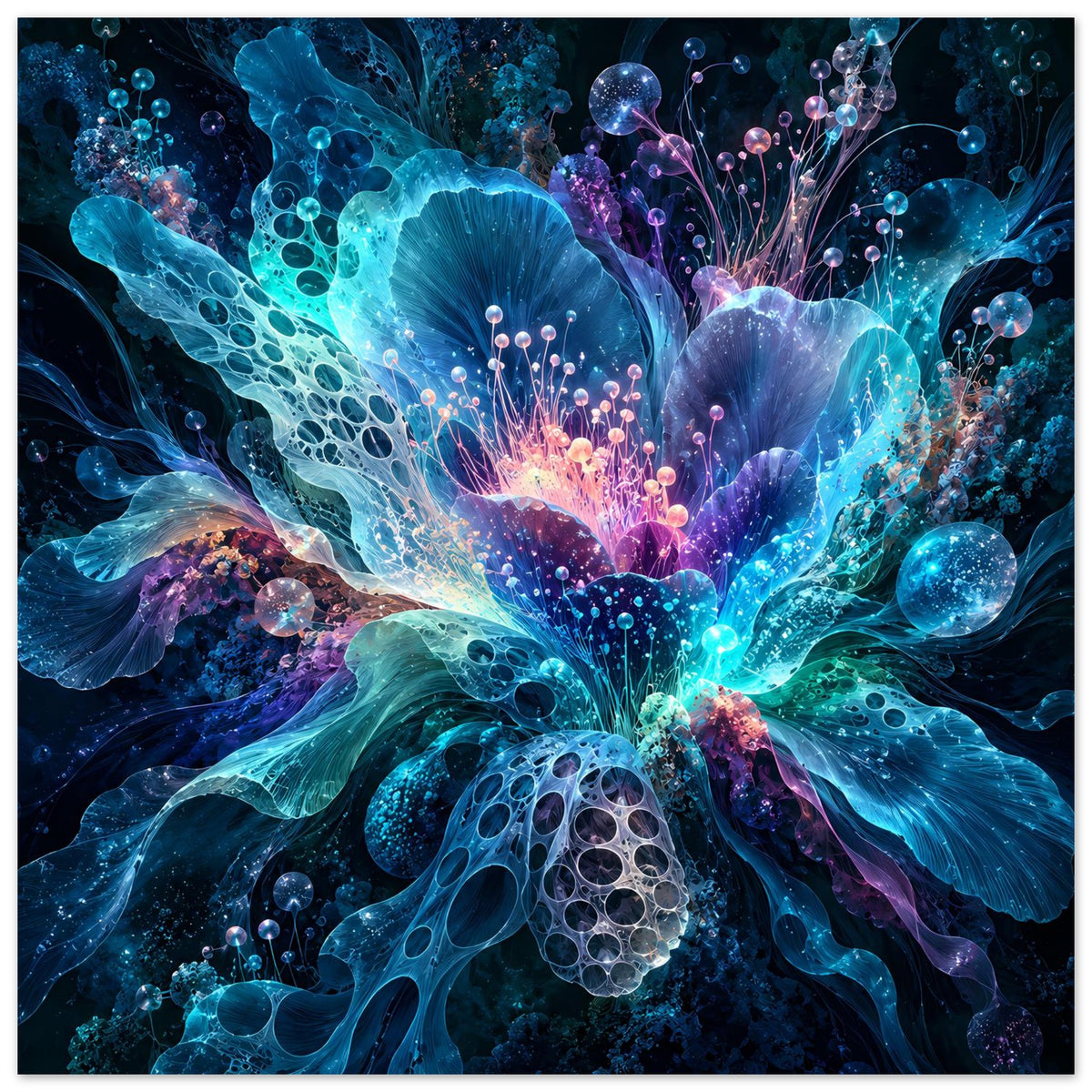 Leuchtendes digitales Blumenposter, vertikal, leuchtende Blüte mit Kugel-Elementen in Blau