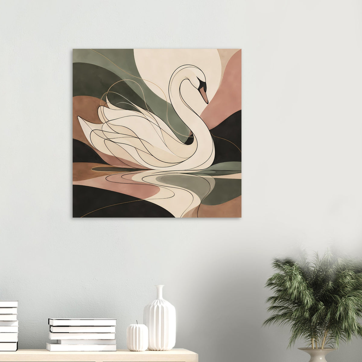 Kleines Poster mit Schwanmotiv in ruhigen Naturtönen, abstrakte Konturen