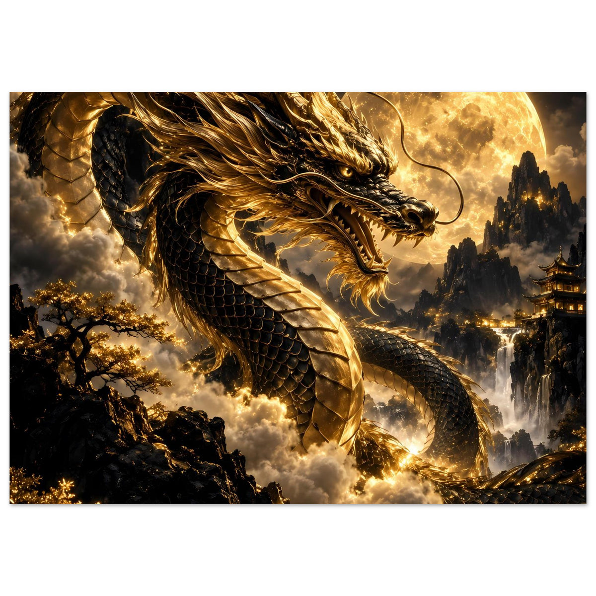 Poster im Querformat: goldener Drache über Wolken, Vollmond im Hintergrund