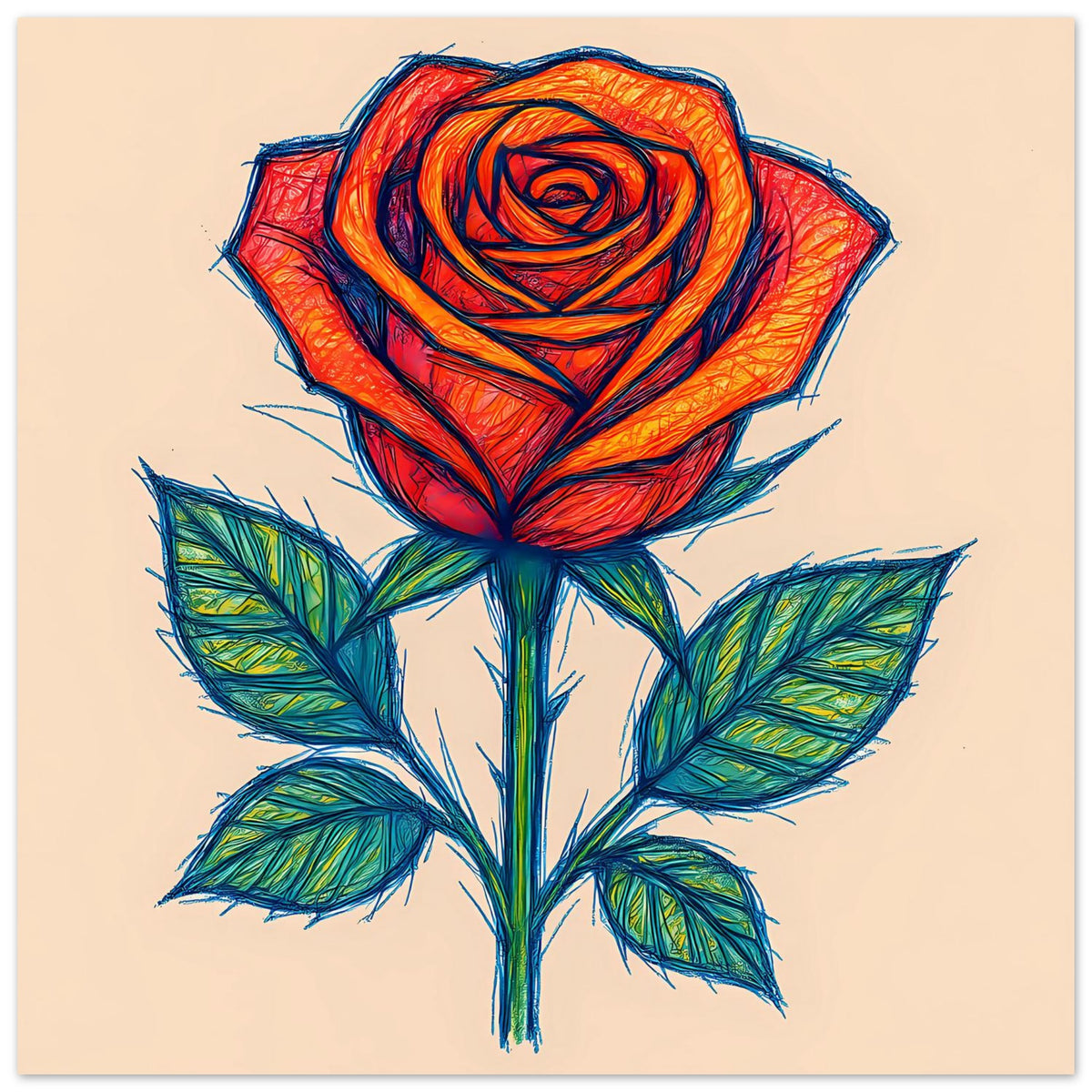 Rosenposter im Sketch-Stil mit großer orange-roter Rose und mehreren grünen Blättern