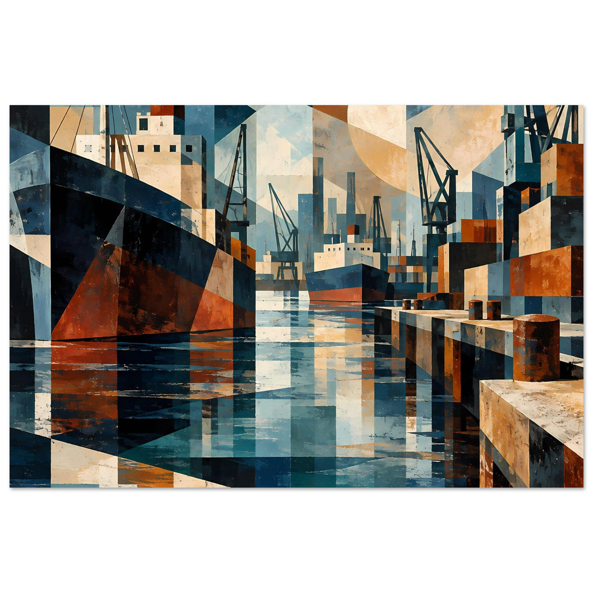 Geometrischer Hafen-Kunstdruck mit Schiffen, Kränen und Piers in Blau/Erdtönen, horizontal