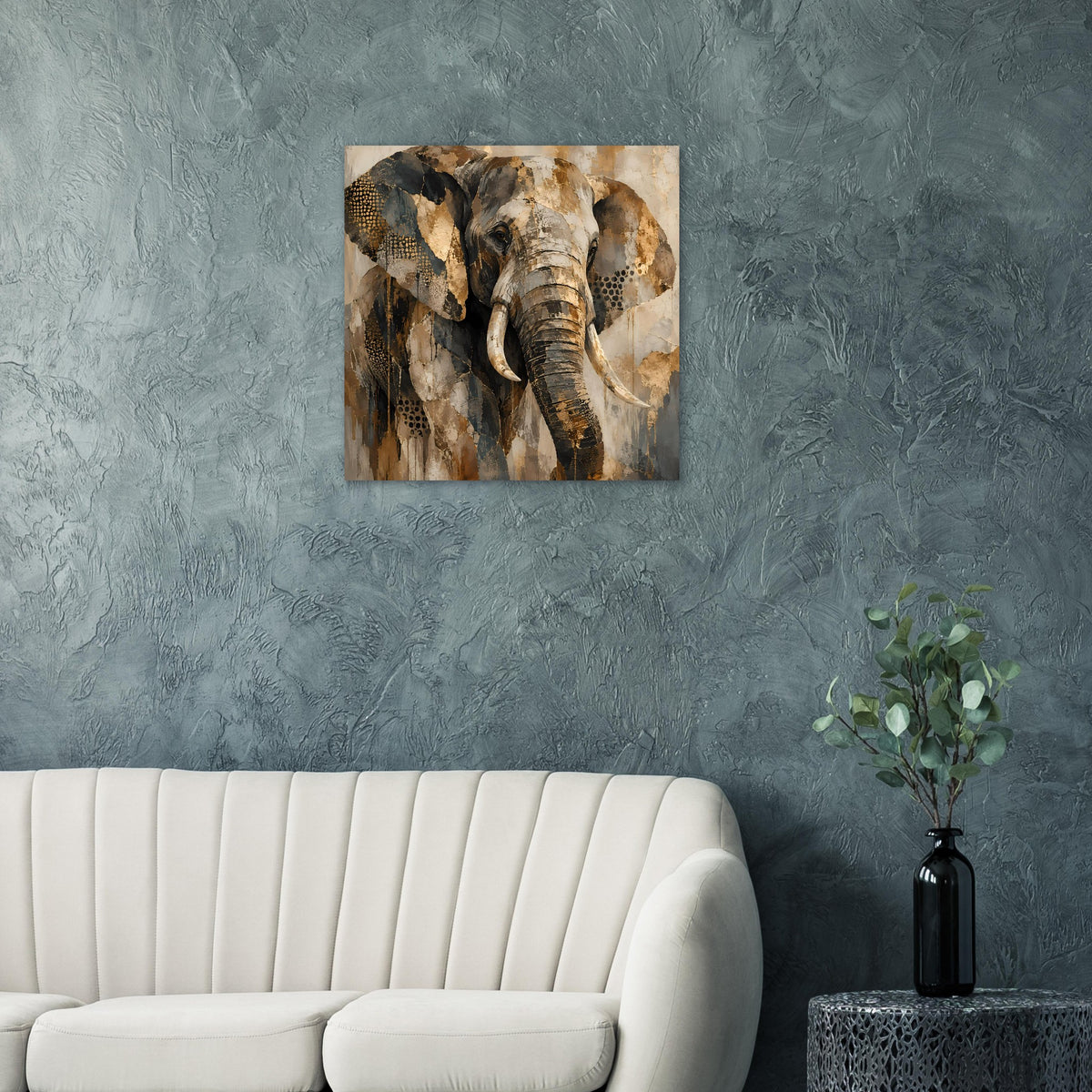 Elefantenkunst-Poster mit Elefantenmotiv in warmen Erdtonfarben an der Wand