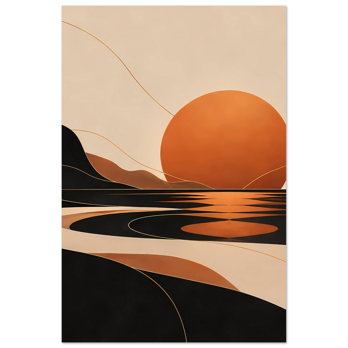 Kunstposter im Hochformat mit orangefarbener Sonne, abstrakten Wellen und dunklen Hügeln