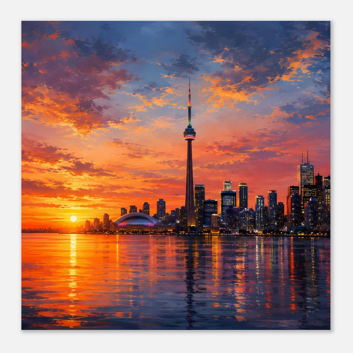 Poster im Querformat mit Skyline, CN Tower und Sonnenuntergang über ruhigem Wasser