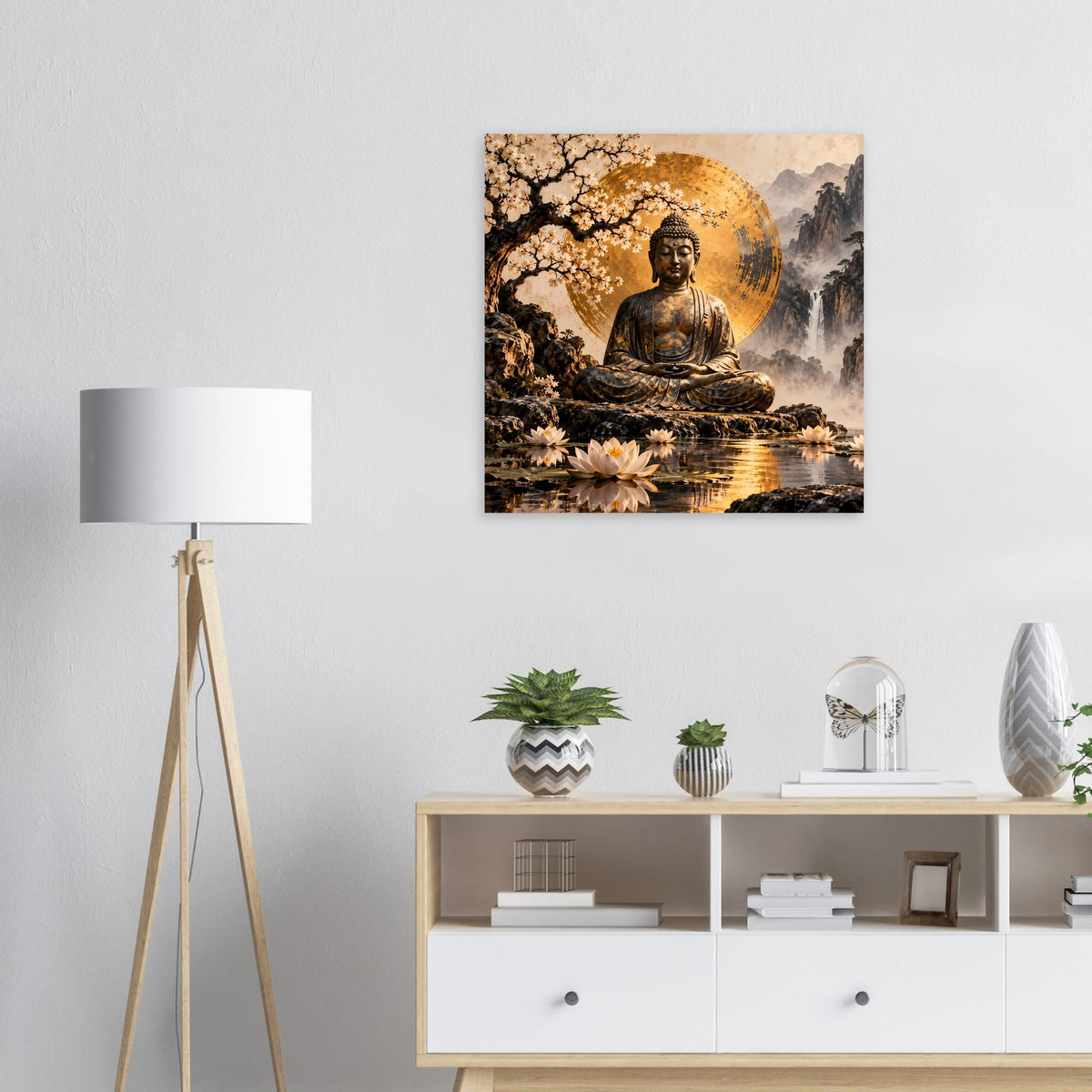 Gerahmtes Zen-Buddha-Poster mit goldener Aura und Lotusteich, quadratisch
