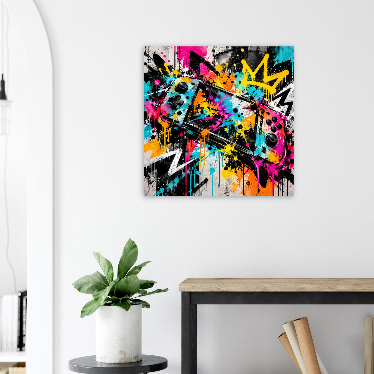 Graffiti-Gaming-Poster: buntes Controller-Graffiti mit Akzenten in Orange und Türkis.