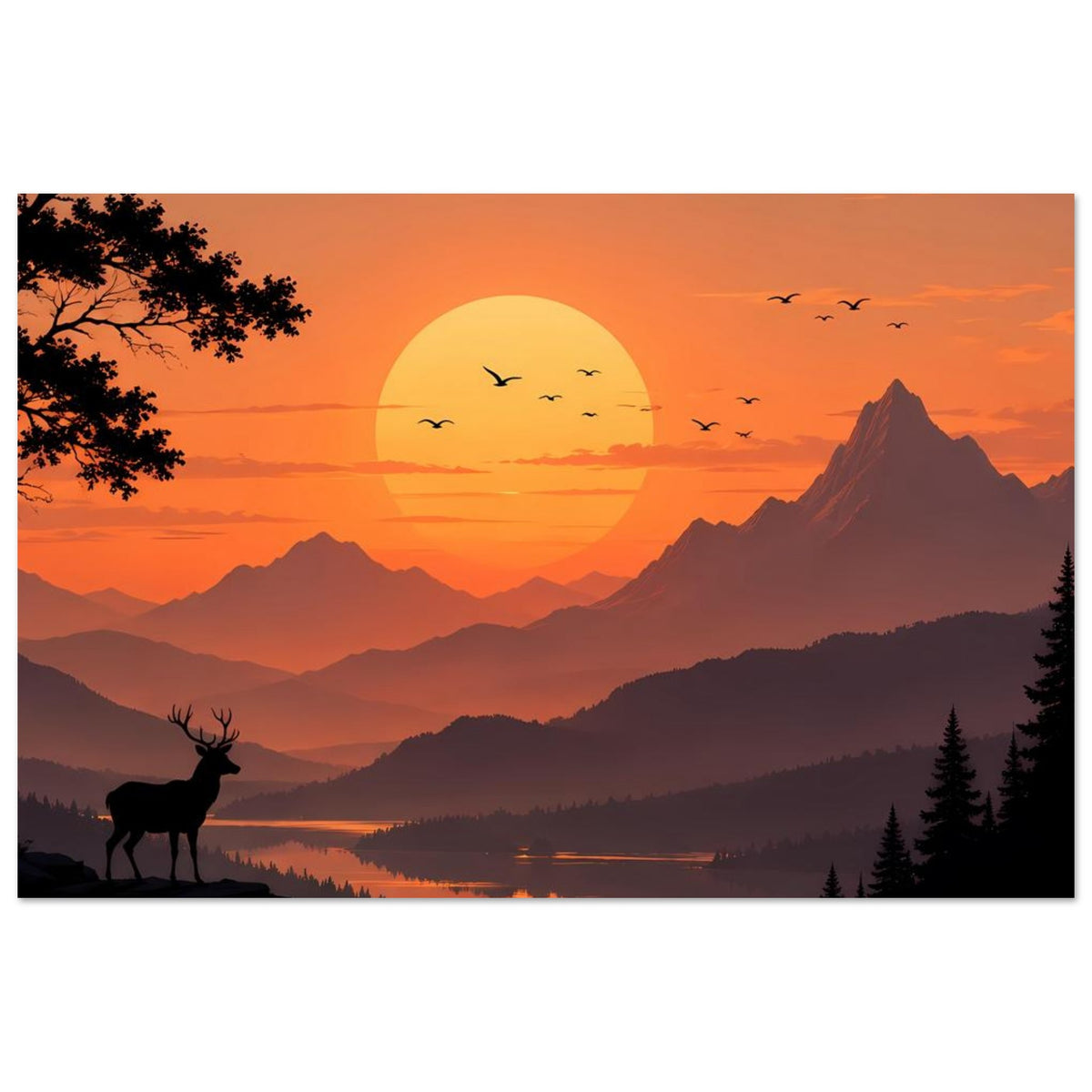 Gerahmtes Poster: Sonnenuntergang über Bergsee mit großer Sonne, Bergen, Hirschsilhouette und Bäumen