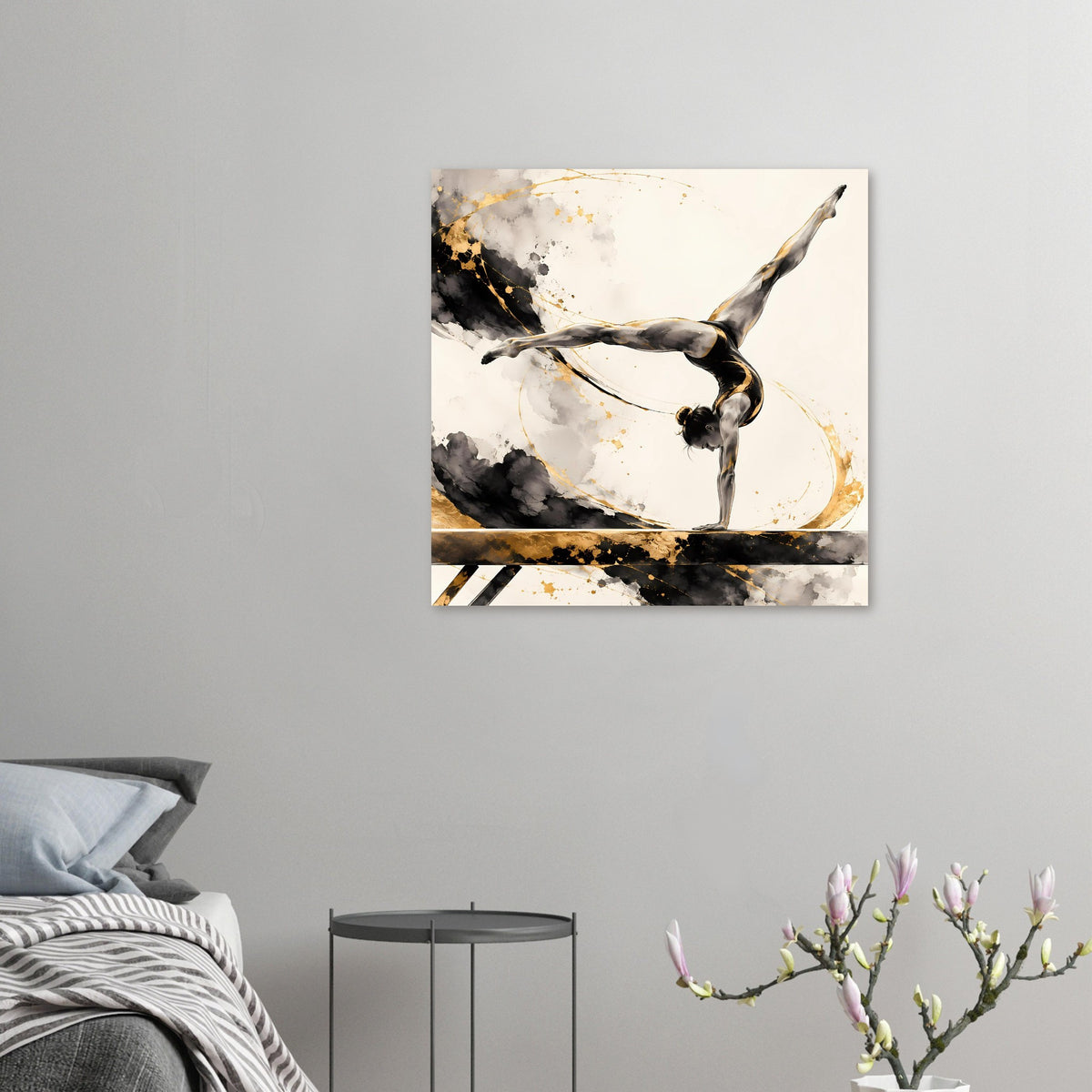 Gymnastikposter mit Turnerin, schwarz-goldene Farbflächen und dynamische Körperhaltung