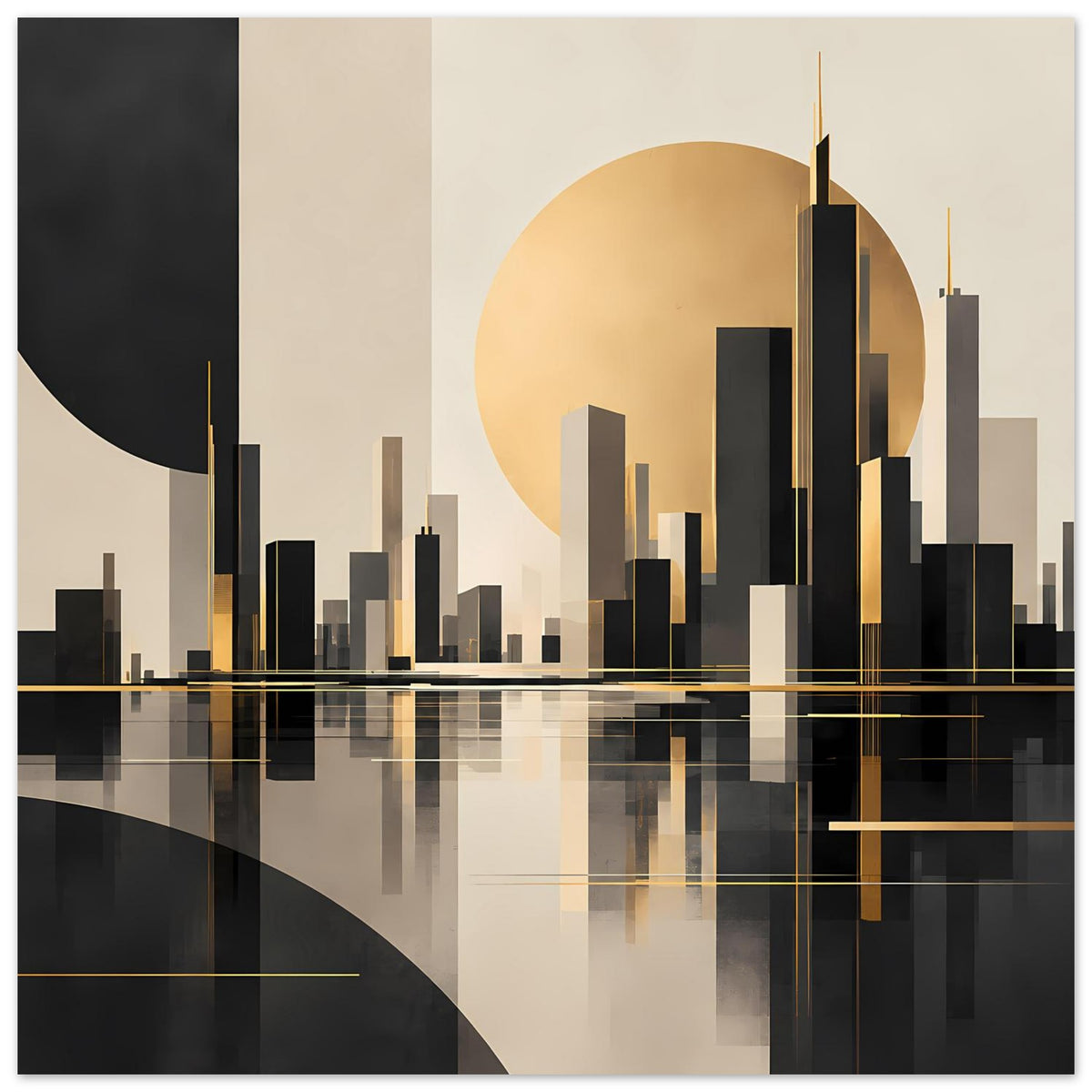 Poster: abstrakte Skyline mit goldenem Lichtstreifen und Spiegelung auf ruhigem Wasser
