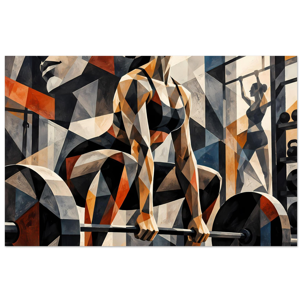 Abstraktes Fitness-Poster mit geometrischer Illustration: Athlet hebt Langhantel, kräftige Farbfelder