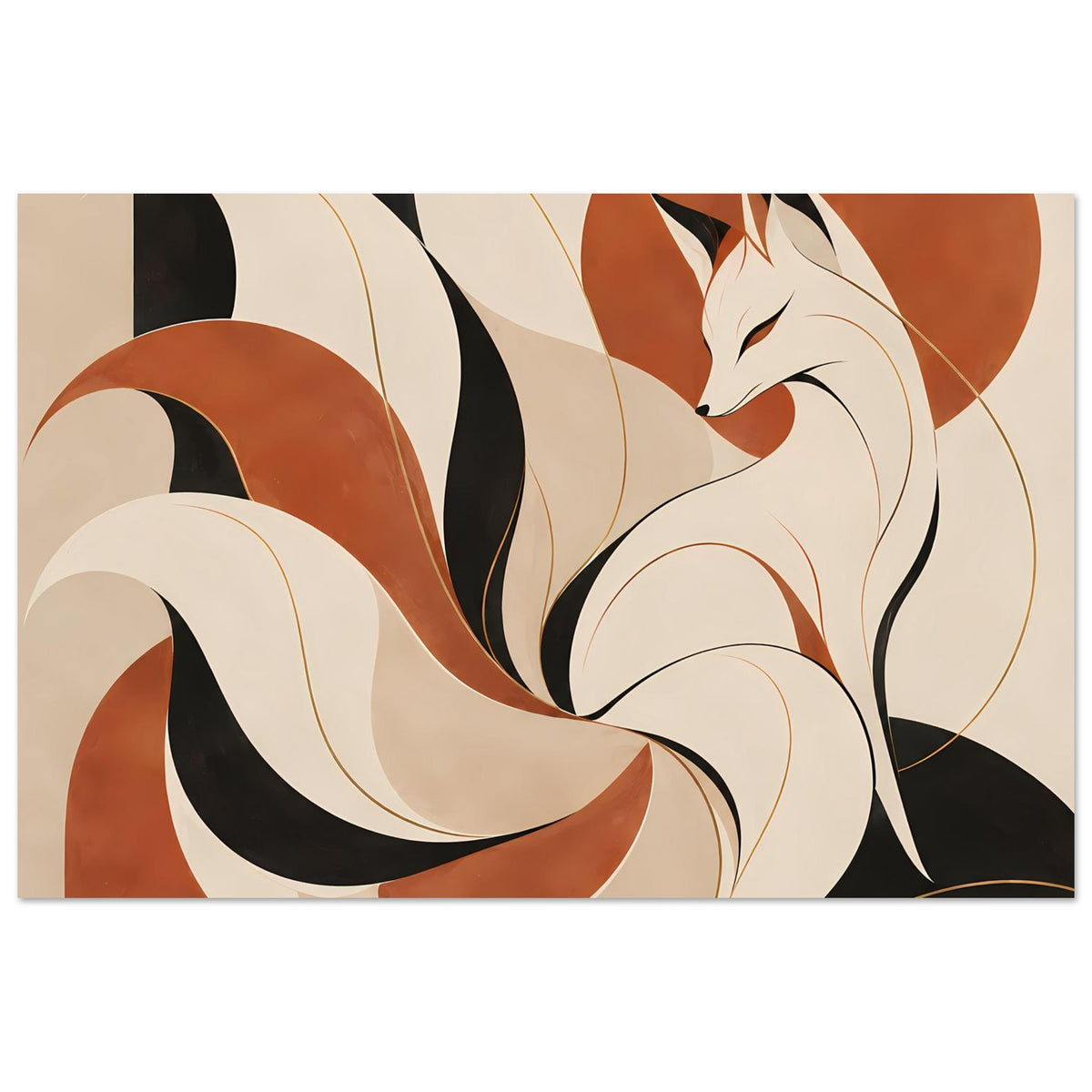 Poster mit Kitsune-Fuchsgeist: neun Schwänze, orangefarbene Ohrpartie, schwarze Linien
