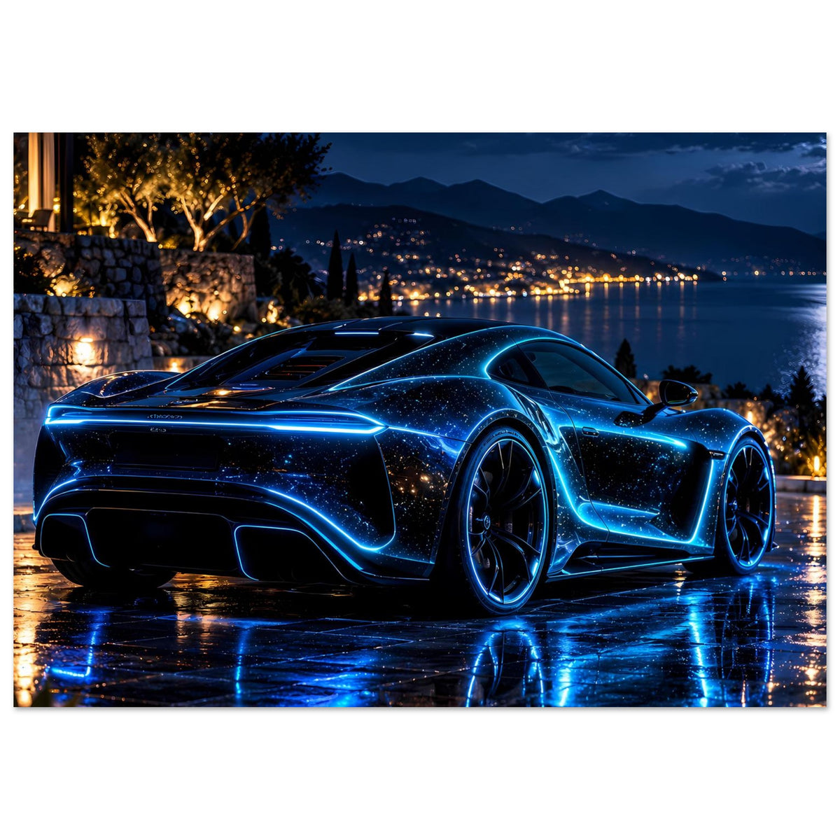 Poster mit blauem Neon-Sportwagen, nächtliche Beleuchtung und Reflexionen auf Straße