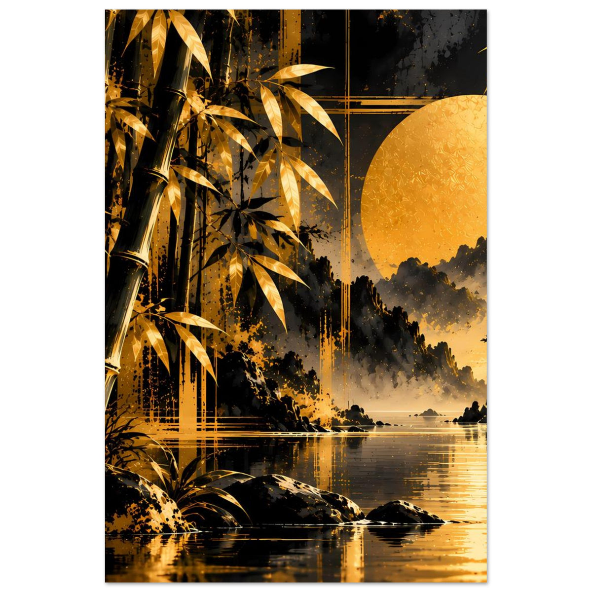 Vertikales Bambuslandschafts-Poster mit goldenem Lichtkreis, See und Bambus links