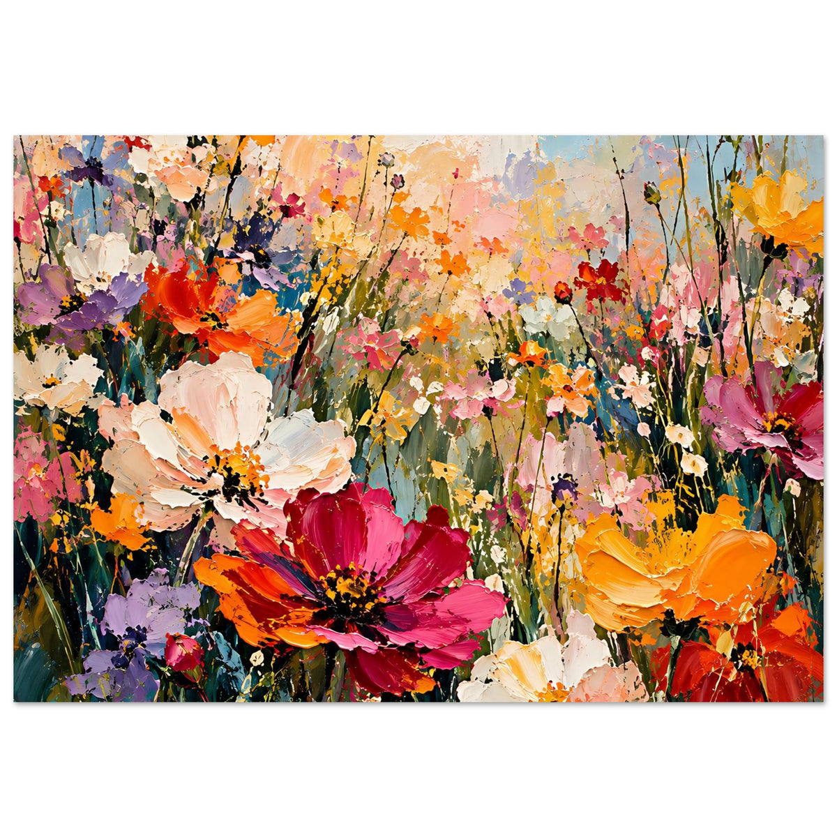 Blumenposter mit großem Blütencluster in Pink, Orange und Lila, lebendige Farbflächen