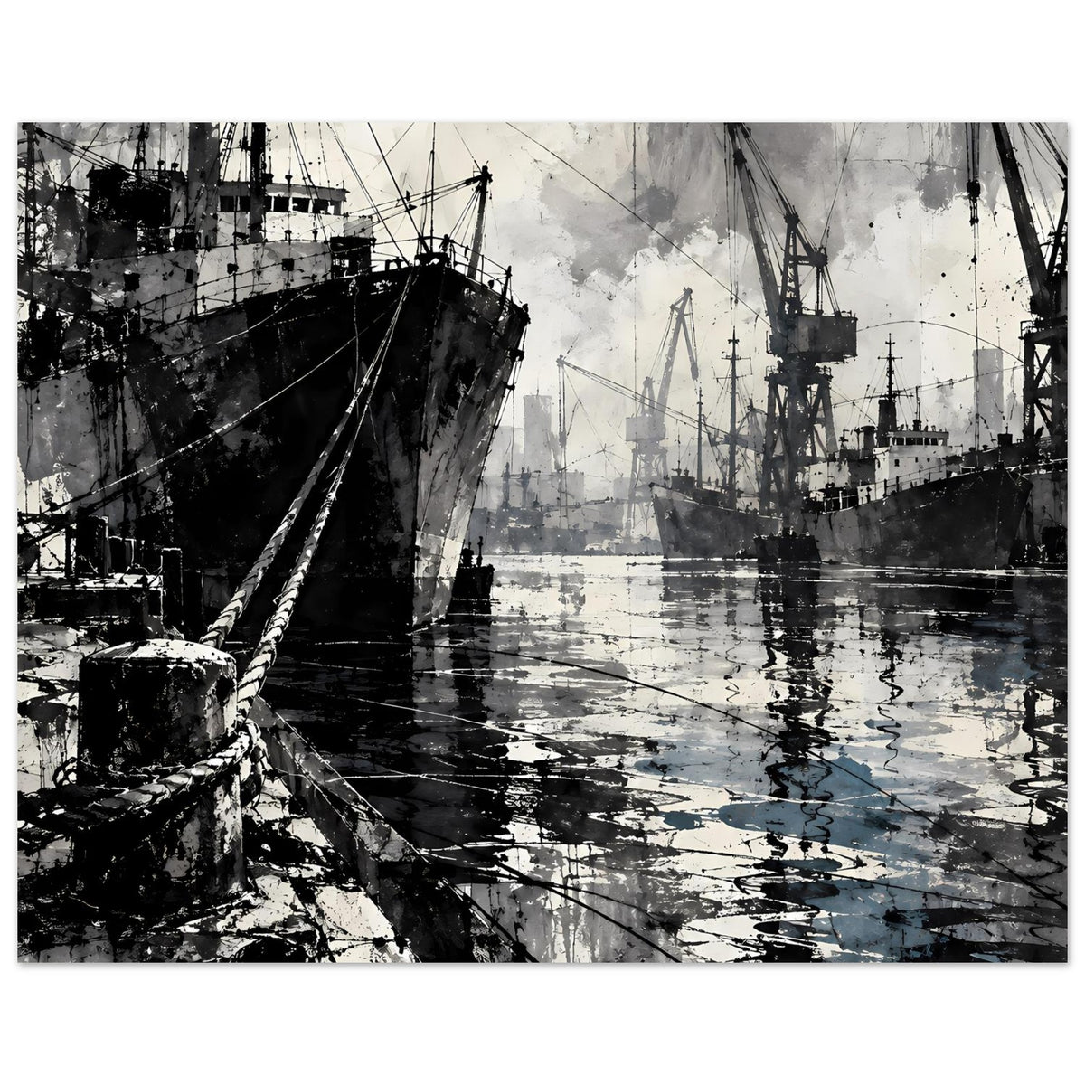 Maritimes Poster mit Hafenmotiv in Schwarzweiß: Schiffe im Hafen und Wasserreflexe
