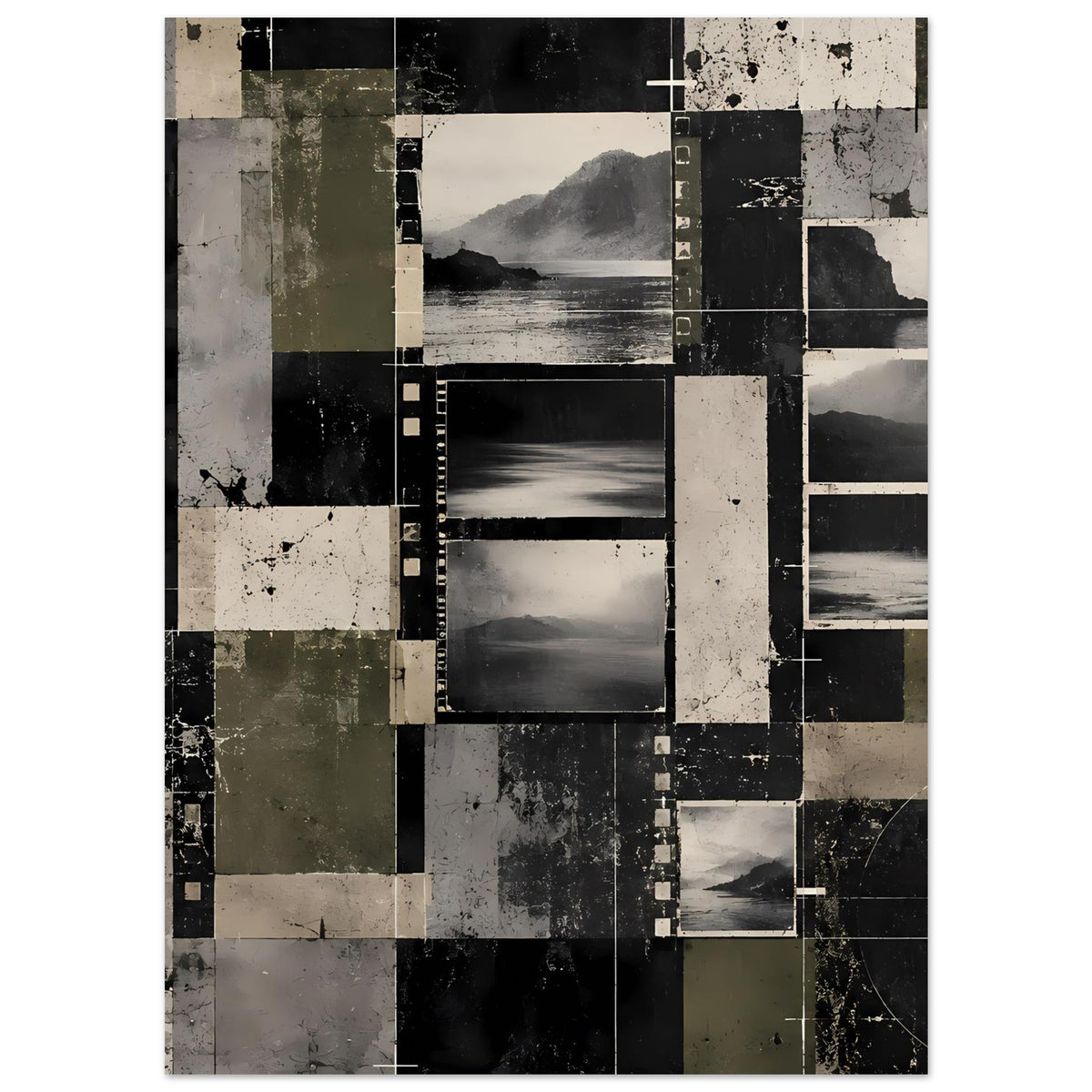 Vintage-inspirierter Poster im Hochformat: geometrische Collage in Dunkelgrau und Oliv