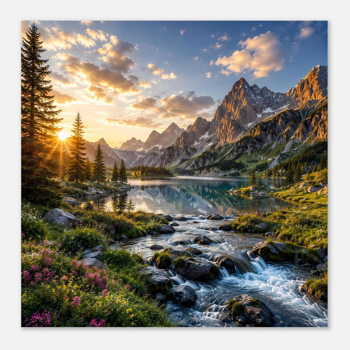 Wandposter mit Sonnenaufgang über Bergsee, Flusslauf und bunten Blumen am Ufer