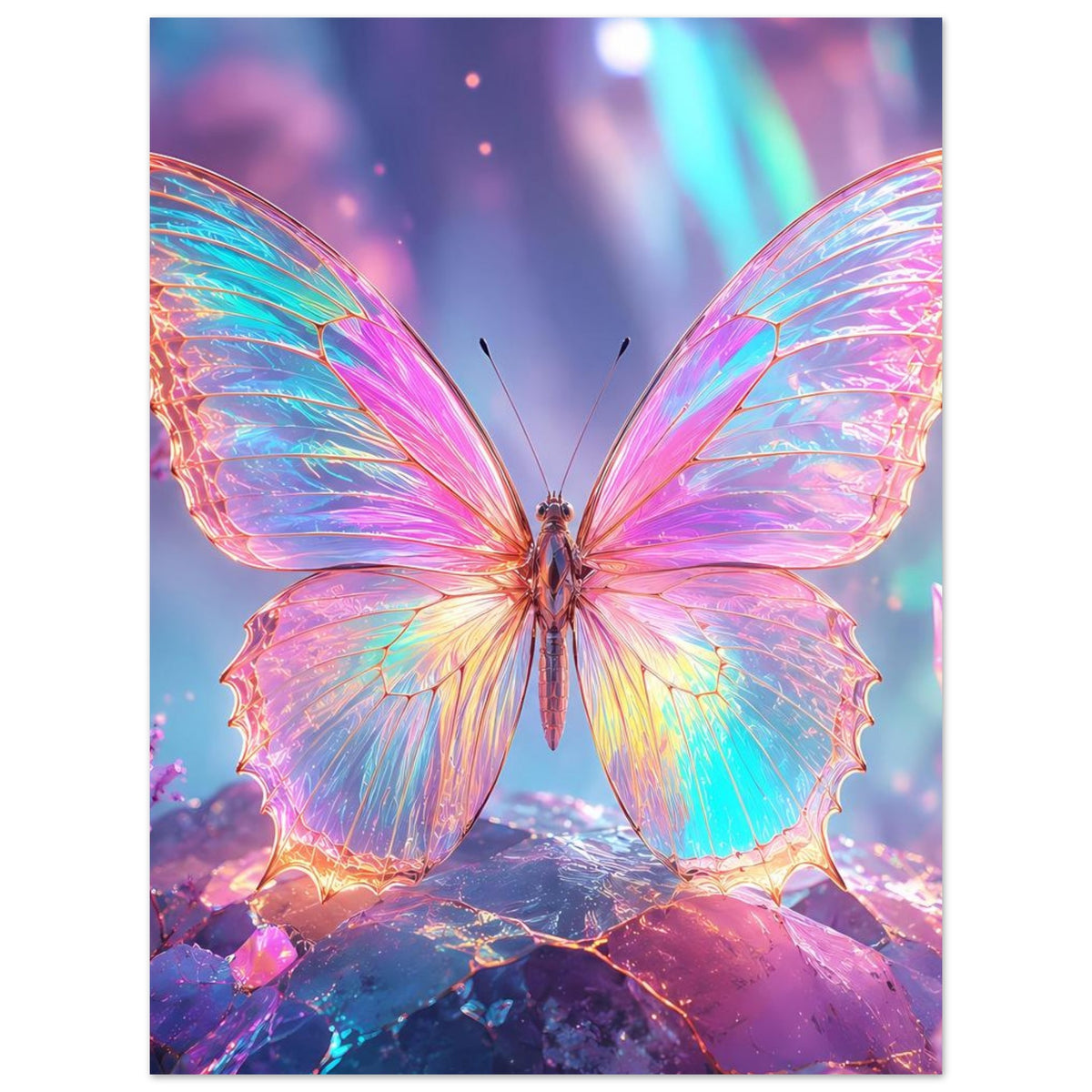 Regenbogen-Schmetterling auf Kristallen, leuchtendes Fantasy-Poster