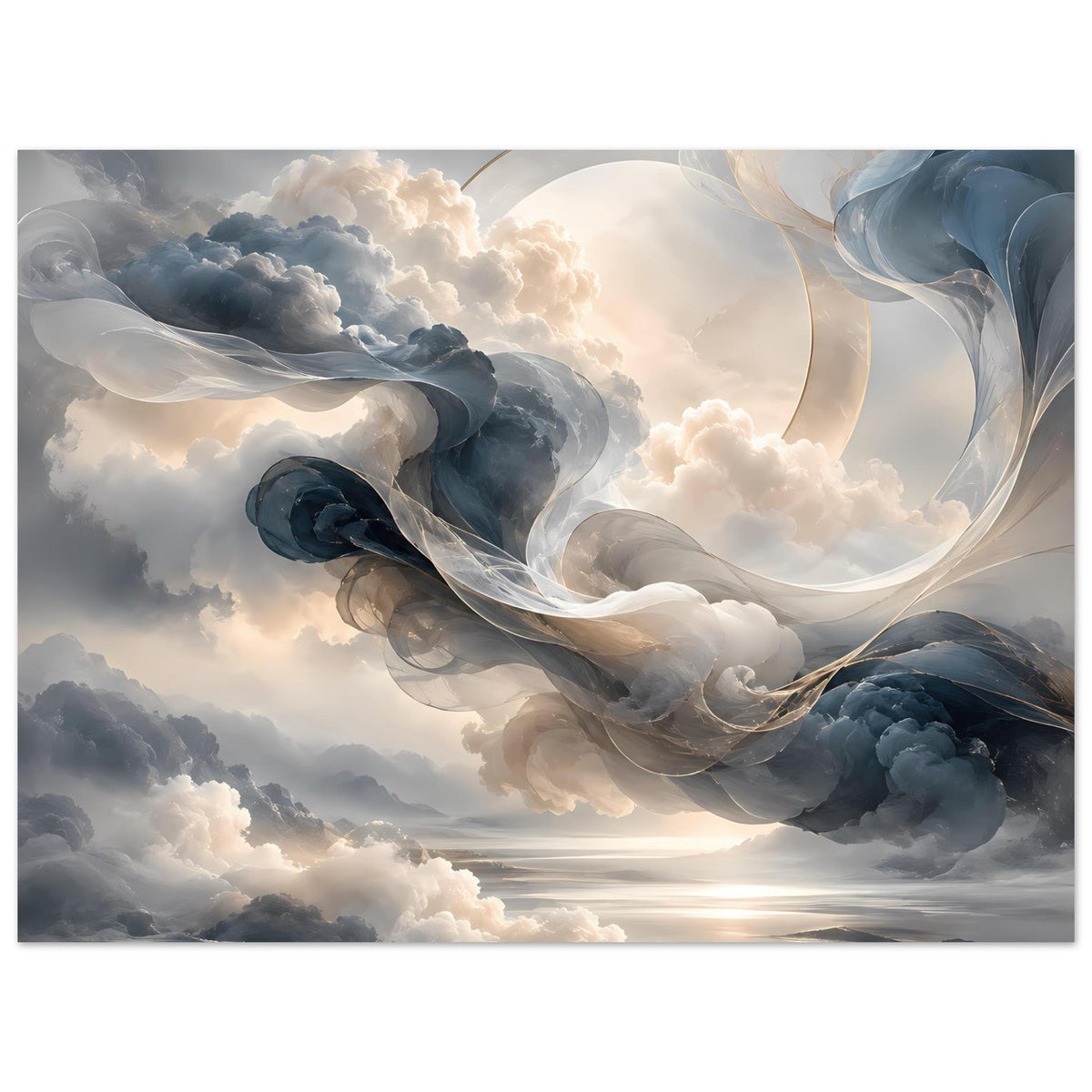 Abstraktes Himmelsposter im Querformat: Wolkenhimmel mit gebogenen weißen/ blauen Träumen