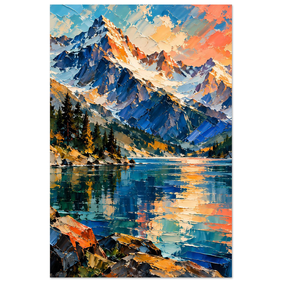 Poster mit Bergsee-Landschaft, sattes Blau, türkisfarbenes Wasser und orangefarbene Wolken