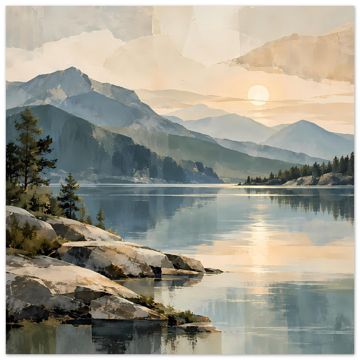 Horizontales Poster: Landschaft mit Bergen, See, Sonnenaufgangstöne, Fels und Uferwald.