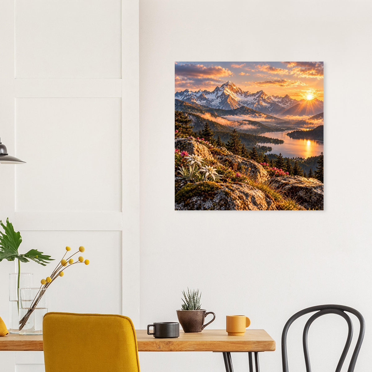 Wandposter mit Bergpfad und Abendhimmel, Sonne am Horizont