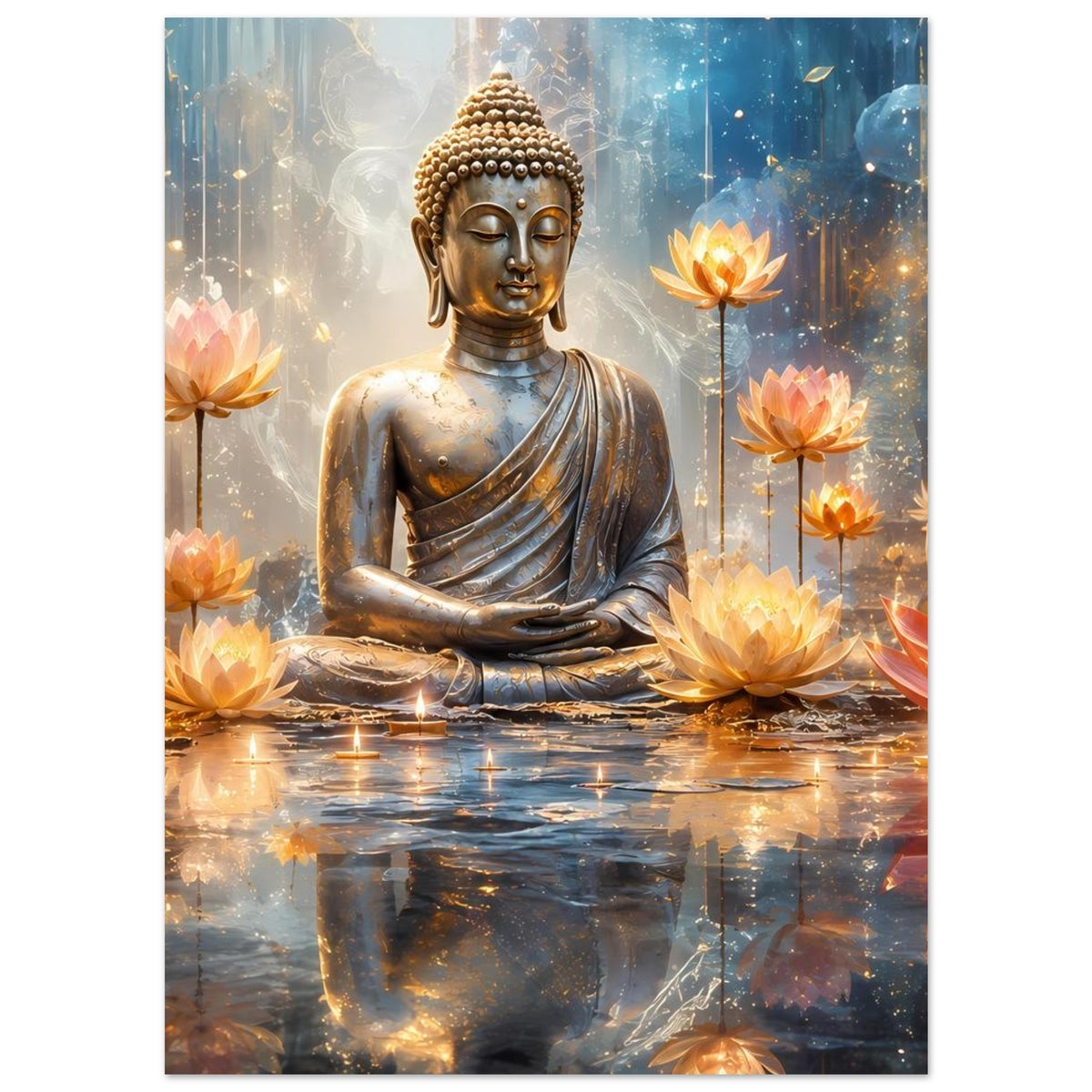 Vertikales Poster mit goldenem Buddha im Lotussitz und mehreren leuchtenden Lotusblüten