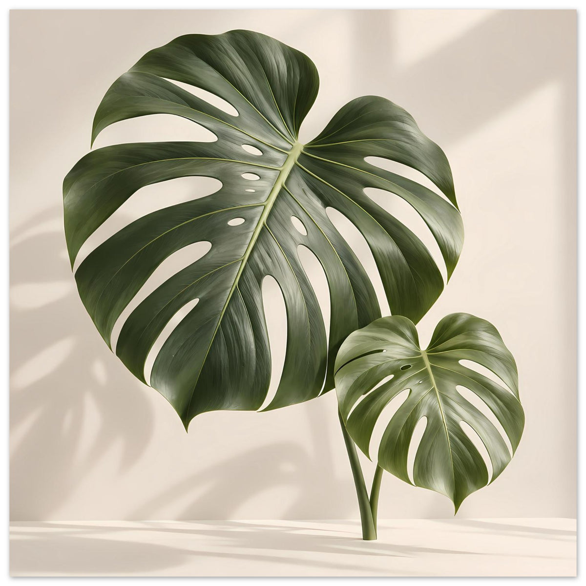 Poster mit Monstera-Blättern, zwei Blätter vollständig: groß links, kleiner rechts