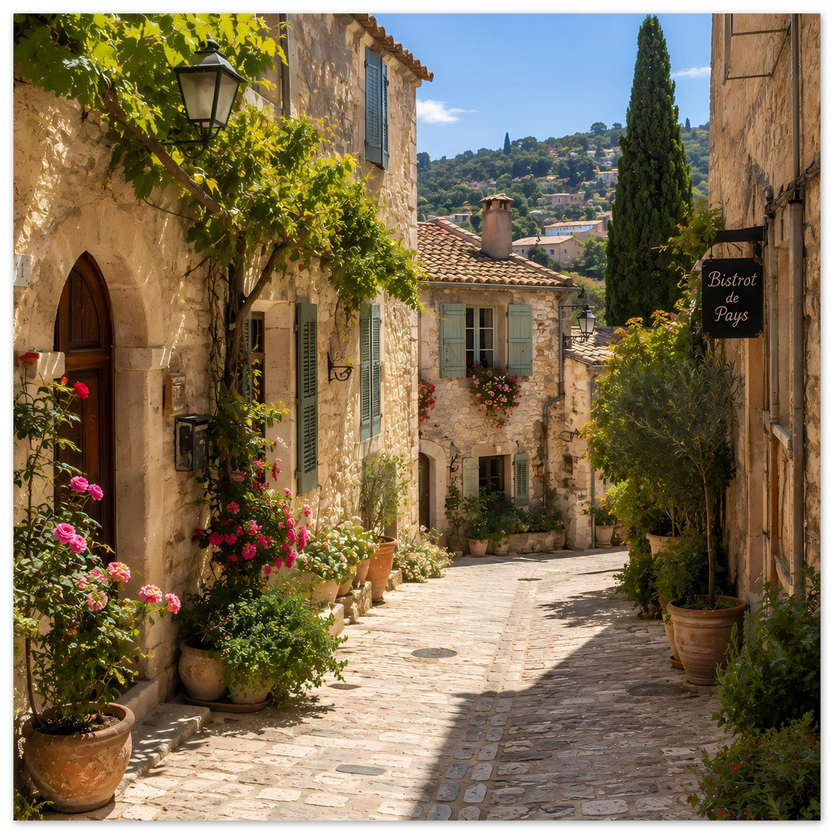 Horizontales Provence-Poster: Blumen-Töpfe, Natursteingasse und hohe Zypresse