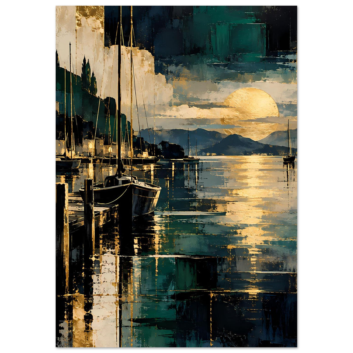 Poster mit Segelbooten am Steg, gelbe Sonne am Horizont, Blaugrün und Gold